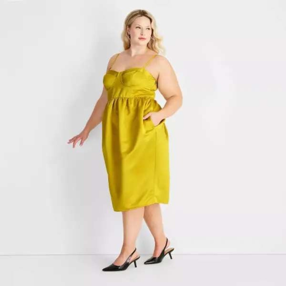 Future Collective Dress Bustier Bubble Hem XL Yellow Women Midi Cocktail Party